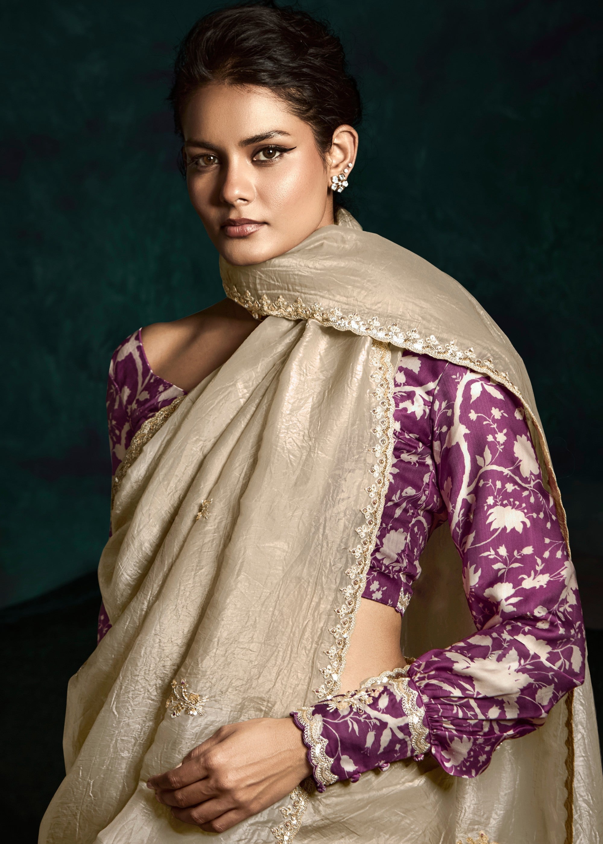 Beige Golden Fancy Fabric Silk Saree With Sequins And Thread Embroidered Butti Work - qivii