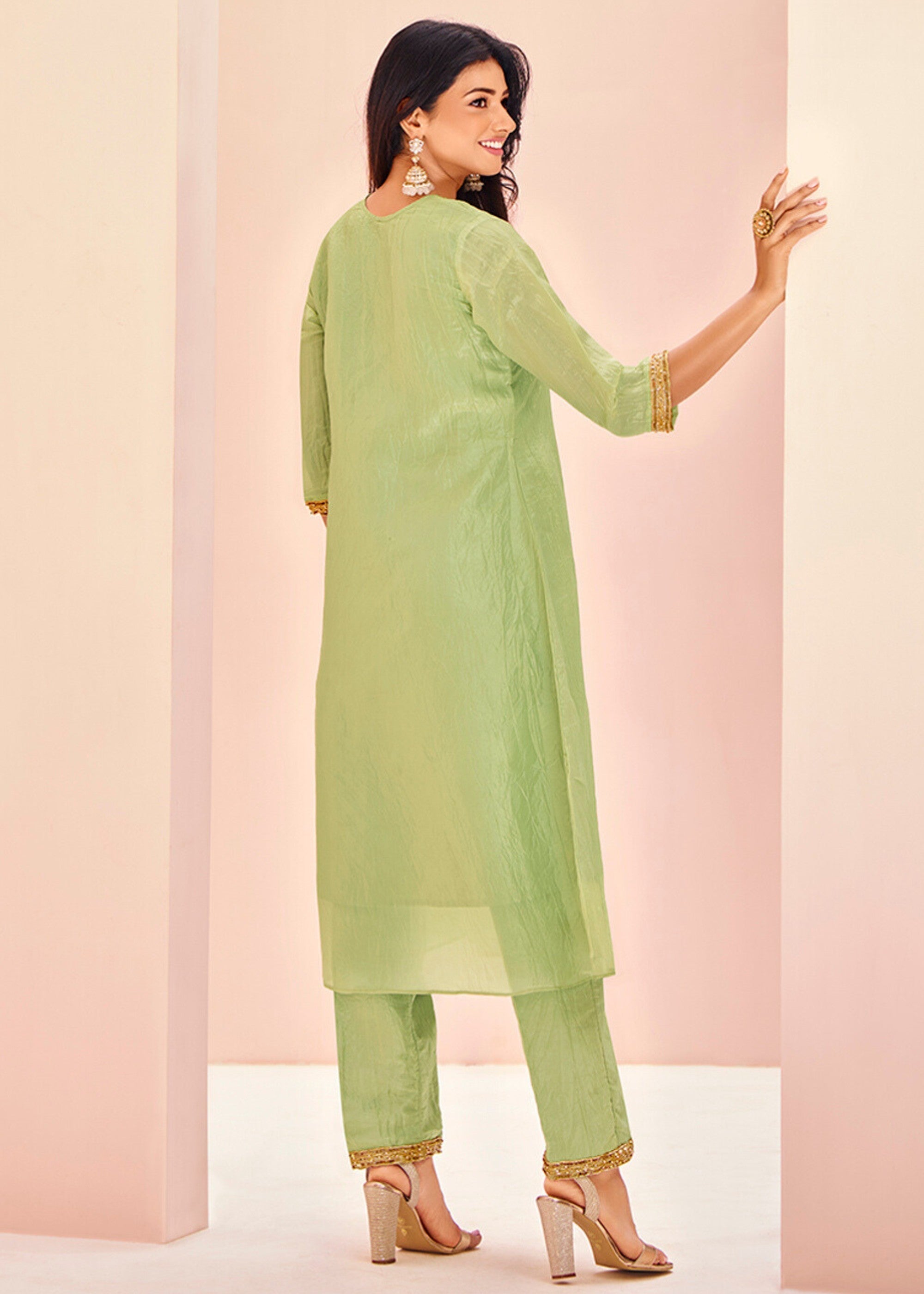Light-Green Organza Handwork Kurta with Pant - qivii
