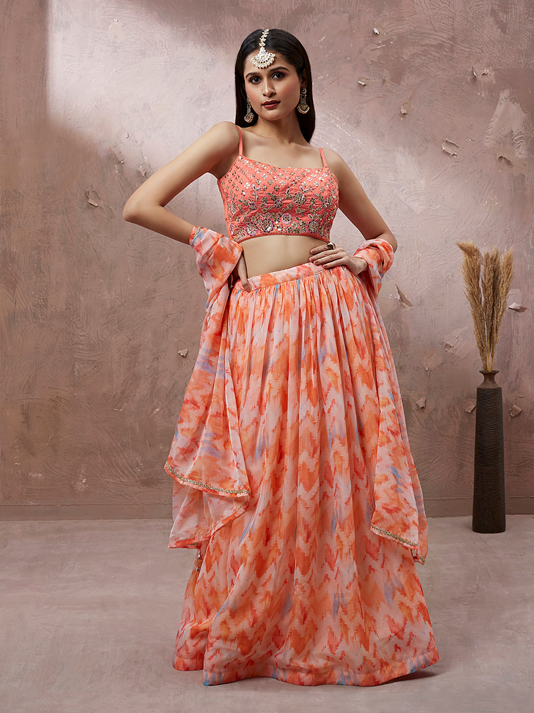 Peach Organza Floral Printed Stitched Lehenga choli