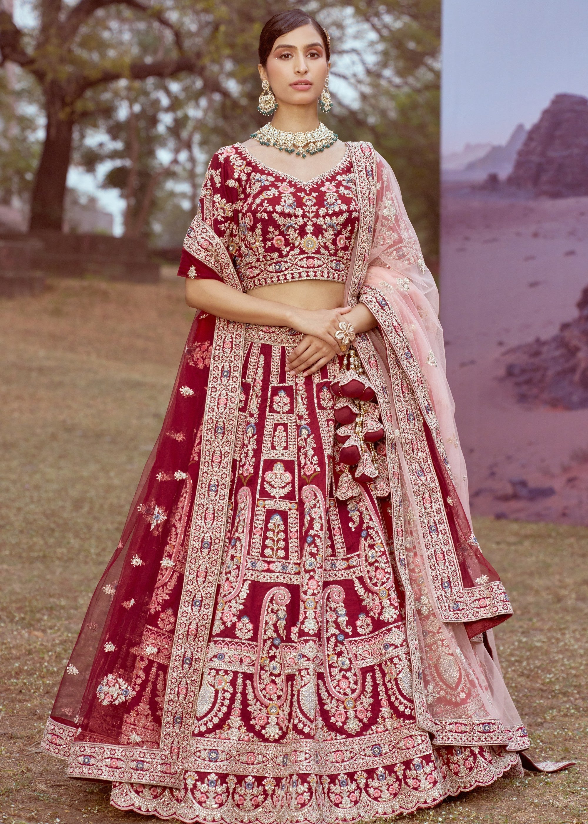 Maroon Pure Silk Moti, Sequins Embroidery Bridal Lehenga | Ready To Wear - qivii