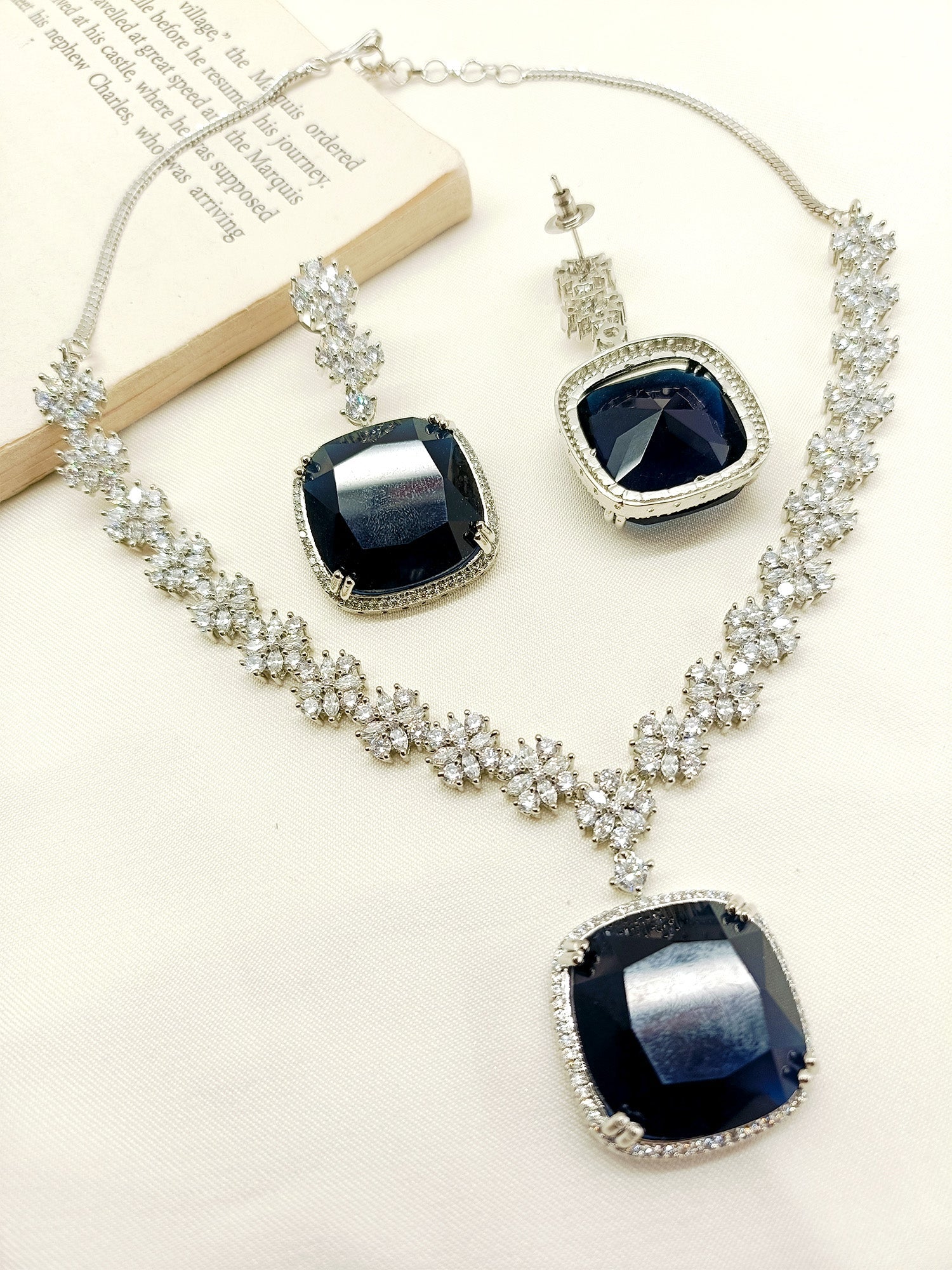 Jigya Navy Blue American Diamond Necklace Set - qivii
