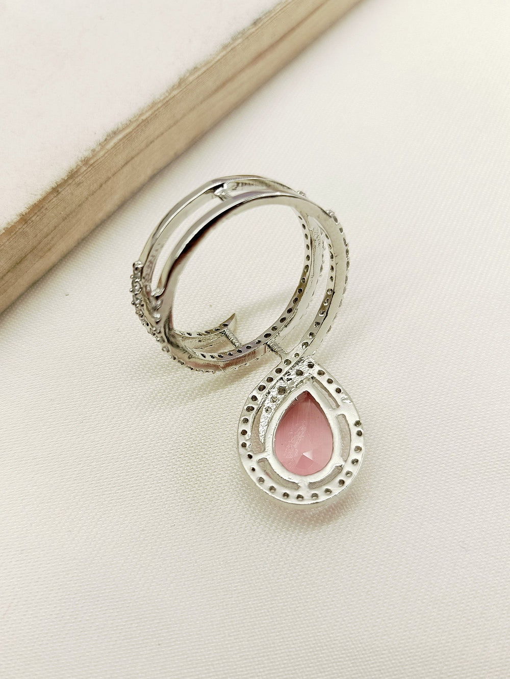 Beautiful baby pink American diamond finger ring with intricate detailing and elegant design