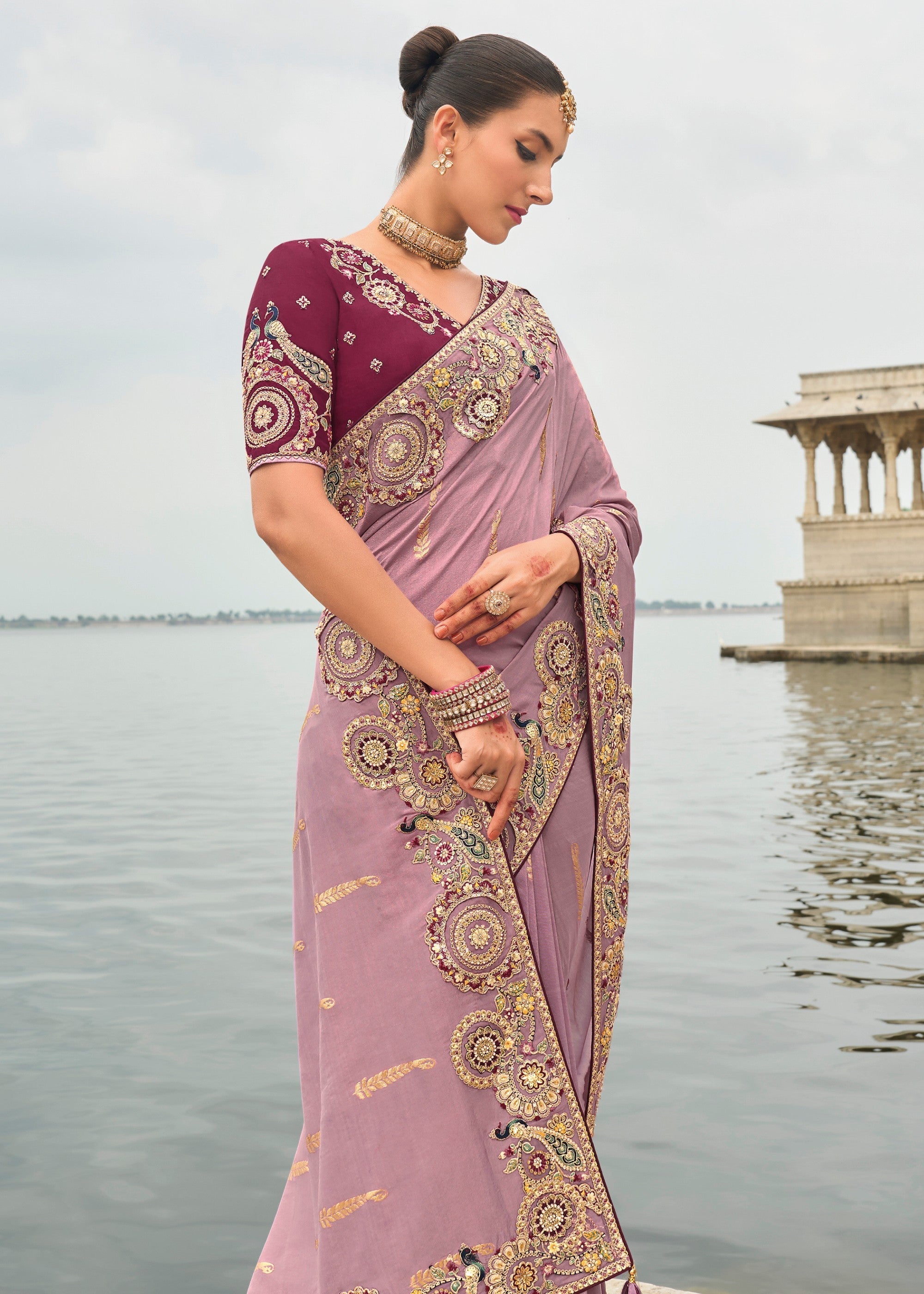 Lilac Purple Viscose Tissue Silk Saree With Embroidery Cut Work Border And Sequence Work - qivii