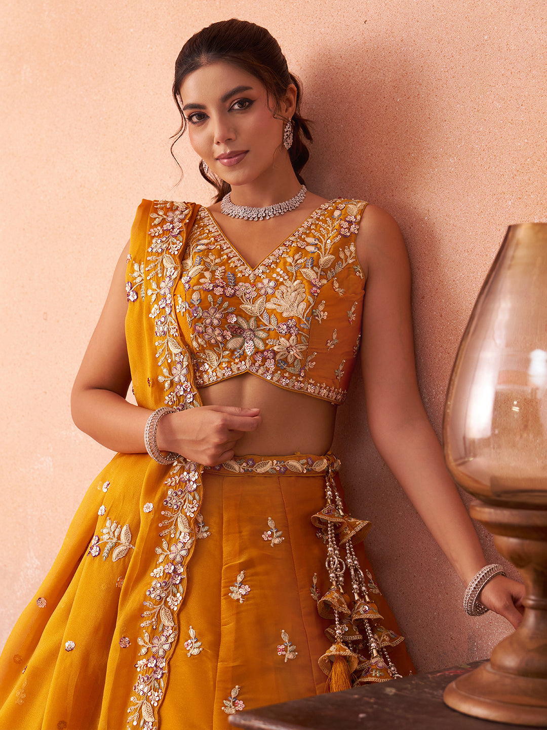 Mustard Tissue Sequined with Zari Embroidered Lehenga Set