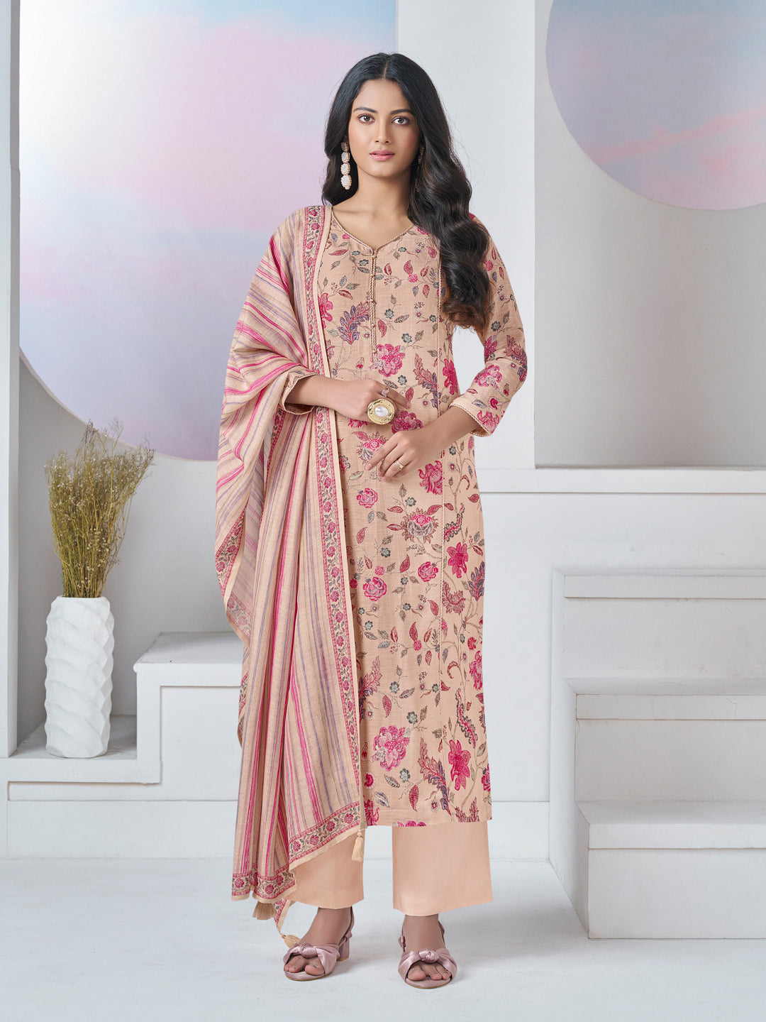 BEIGE PRINTED WITH LACE WORK STRAIGHT KURTA WITH DYED TROUSERS AND PRINTED DUPATTA