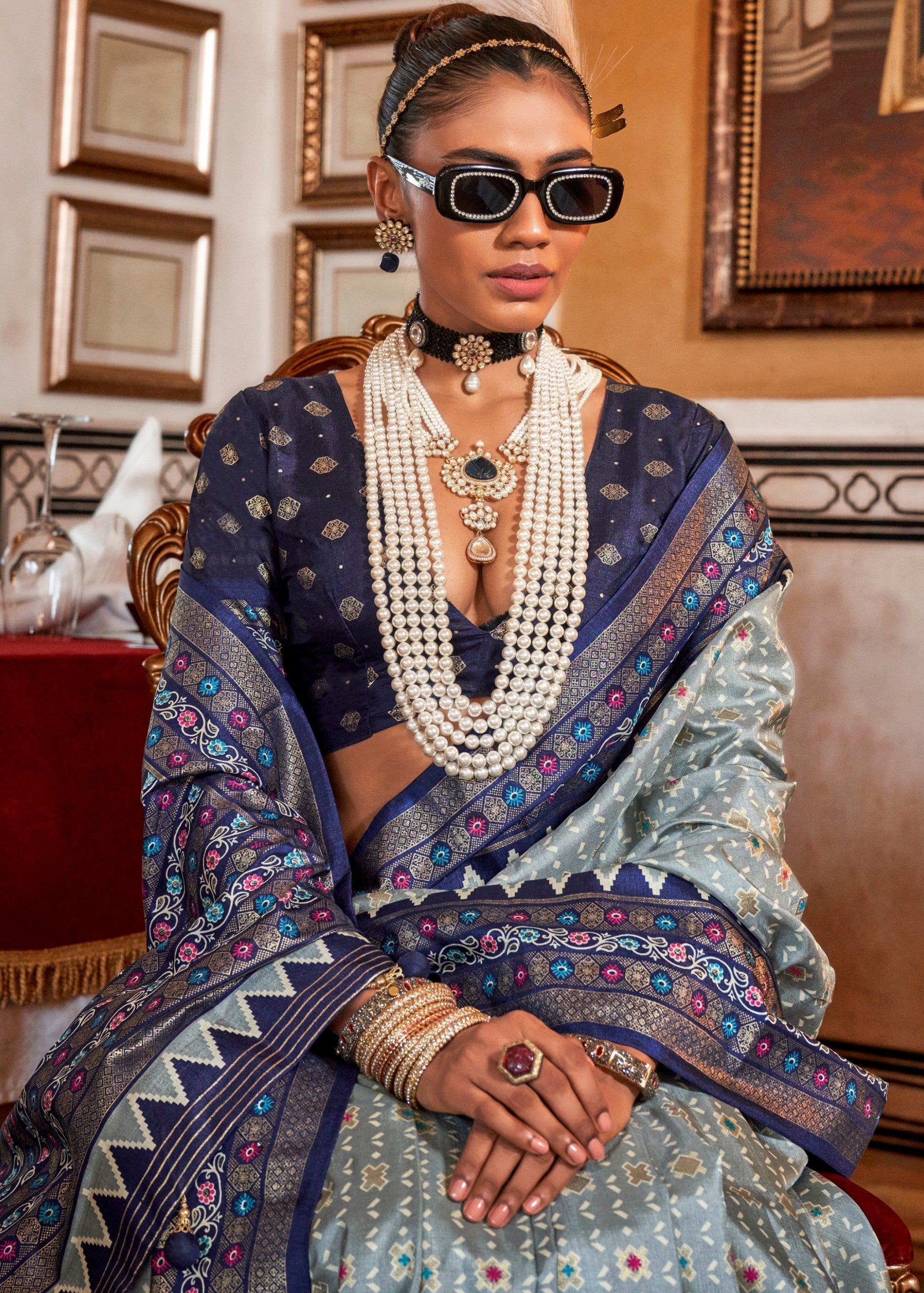 Light Steel Blue Silk Saree With Traditional Classic Design - qivii