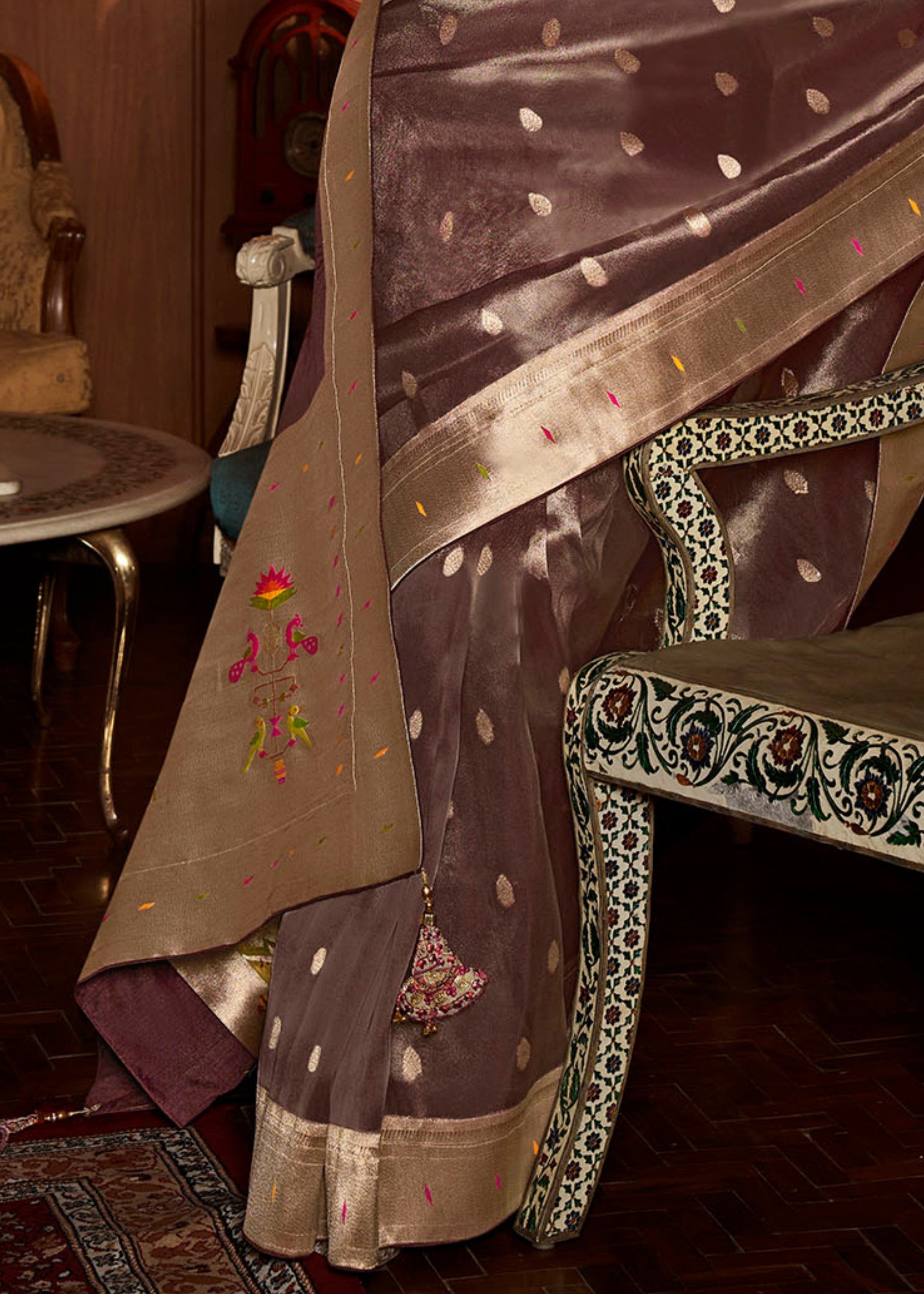 Pecan Brown Pure Tissue Paithani Silk Saree with Heavy Designer Embroidered Blouse - qivii