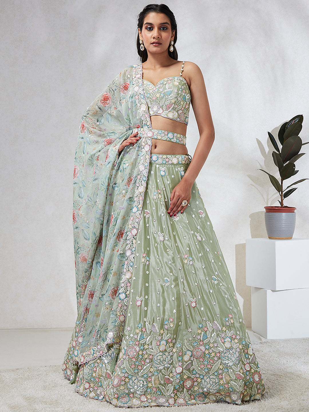 Multi Color Chiffon Embroidered using Sequins,Thread & Coding Stitched Lehenga choli