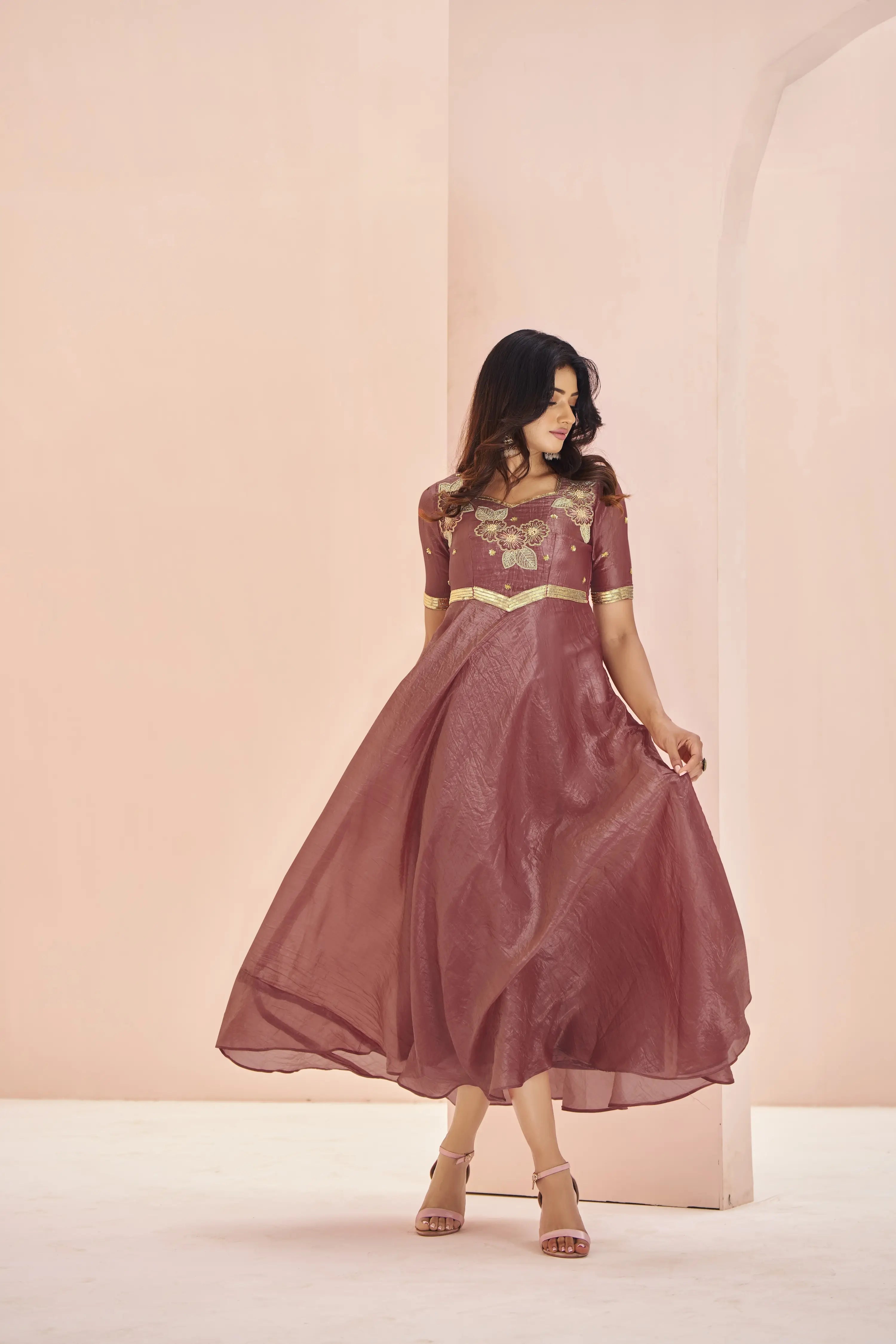 Coral Red Organza Kurta With Handwork - qivii