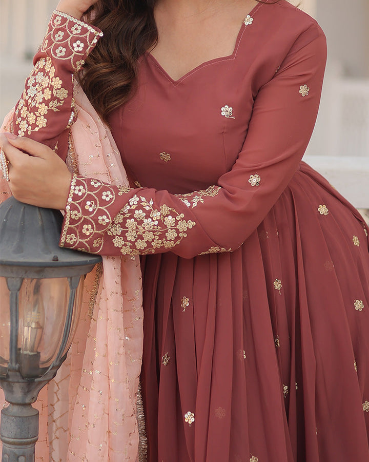 Chocolate Color Full Floor Length Anarkali Gown With Sequence Embroidery Dupatta  - By Qivii