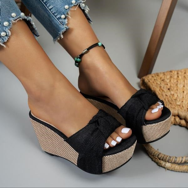 Women's Celeste Bow Peep-Toe Wedge Slide Sandals - Elegant Roman Summer Slides (US 4-10.5)