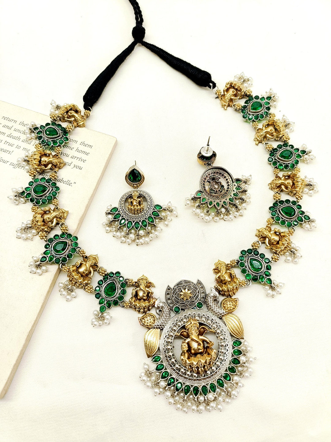 Tuhita Green Ganesh Ji Oxidized Necklace Set