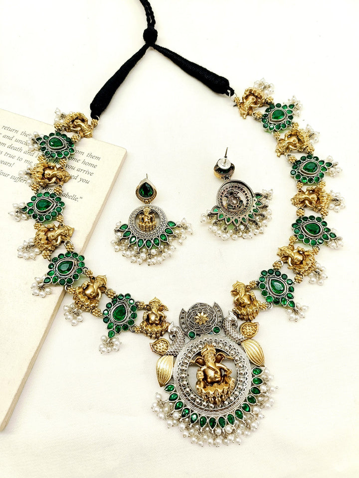 Tuhita Green Ganesh Ji Oxidized Necklace Set