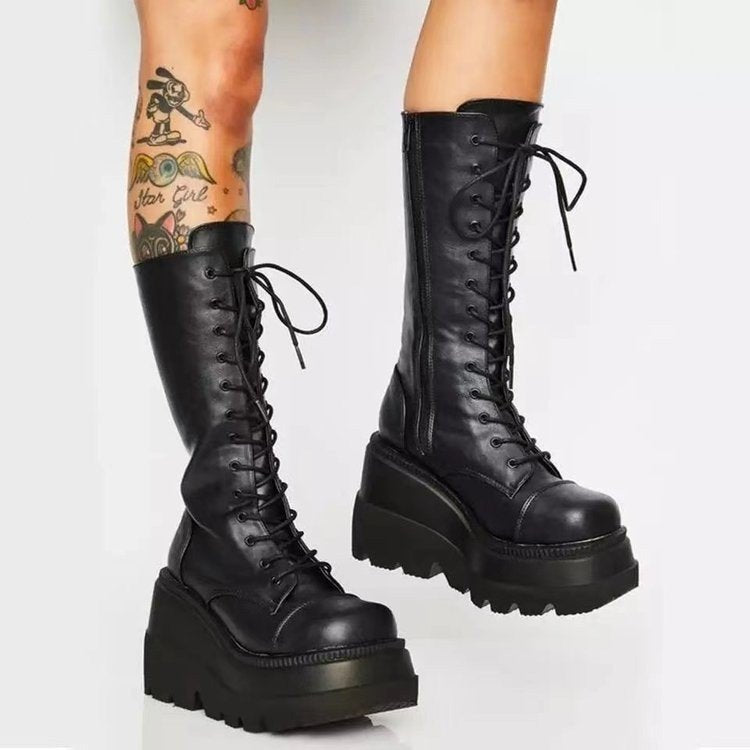 Women's GothRider Platform Mid-Calf Boots – Chunky Wedge Biker Boots (US 4–10.5)