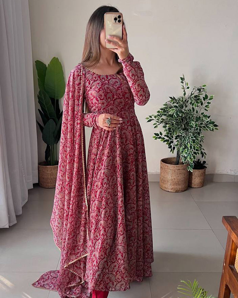 Exclusive Maroon Color Printed Three Piece Anarkali Suit  - By Qivii