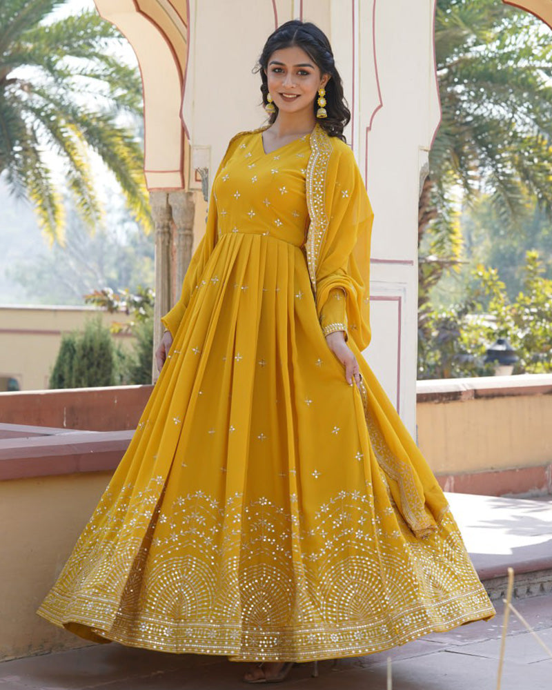 Yellow Color Full Flair Anarkali Gown With Embroidered Dupatta  - By Qivii