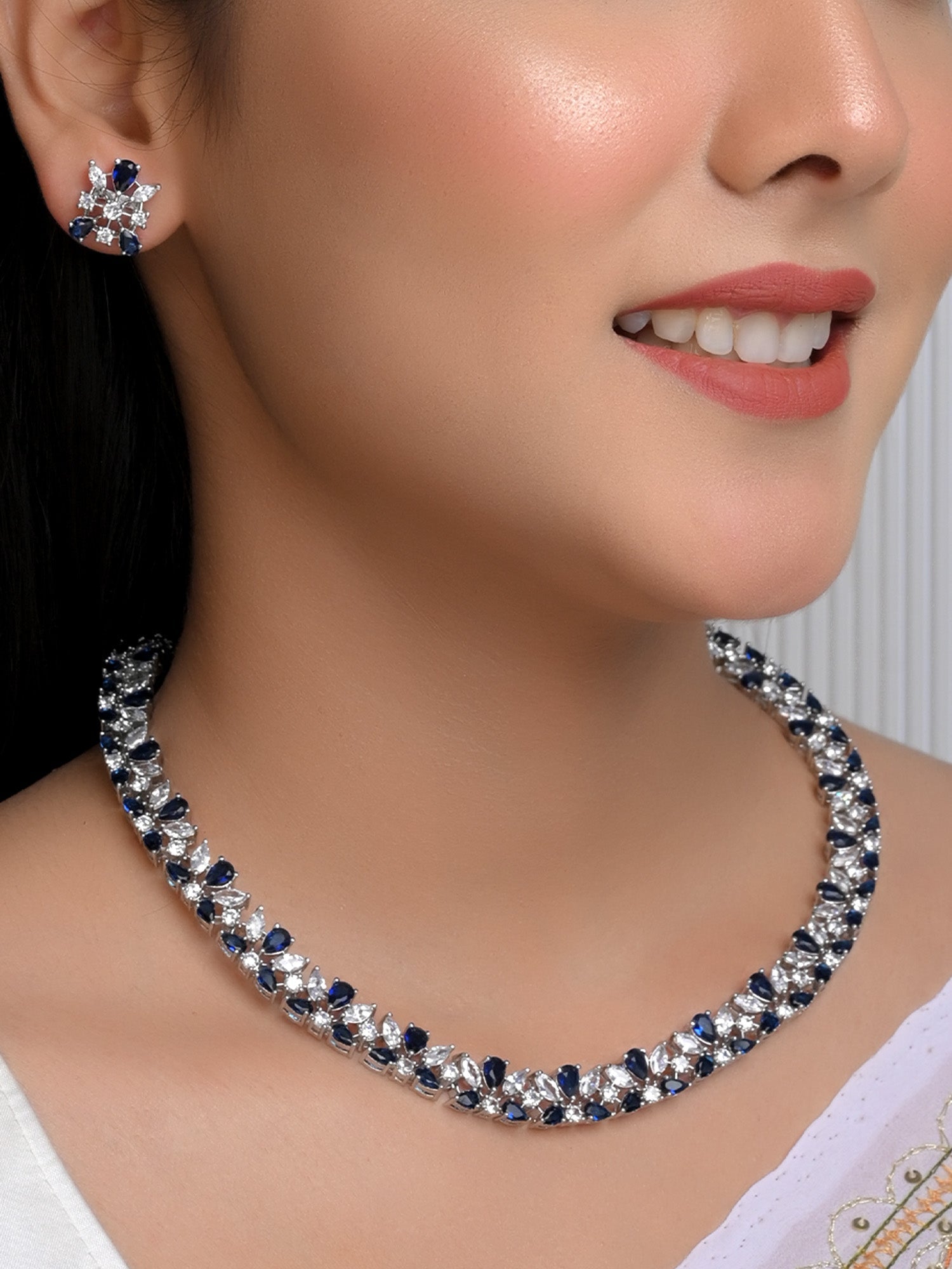 Hizra American Diamond Neckline With Blue Sapphire Stones - qivii