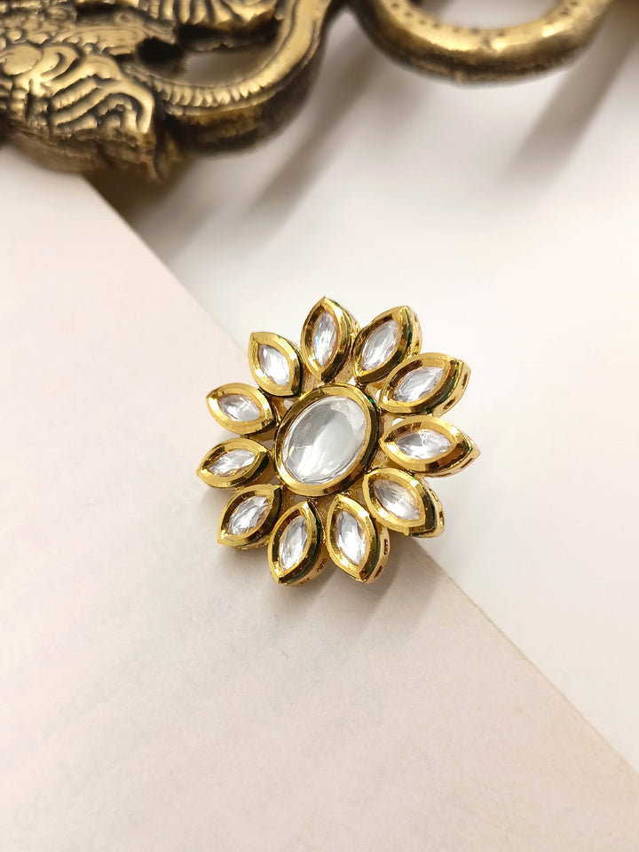 Sanmati White Kundan Finger Ring with Intricate Floral Design and Pearl Accents