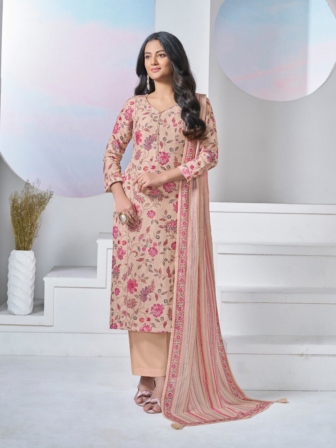 BEIGE PRINTED WITH LACE WORK STRAIGHT KURTA WITH DYED TROUSERS AND PRINTED DUPATTA