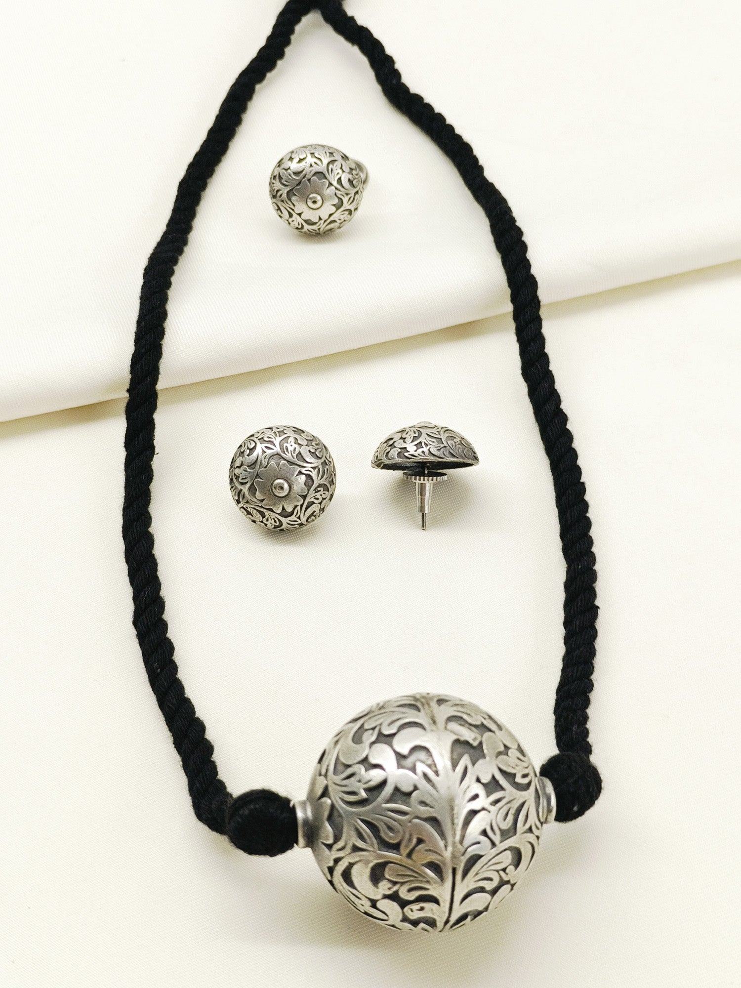 Xavilra Black Oxidized Pendant Set With Ring