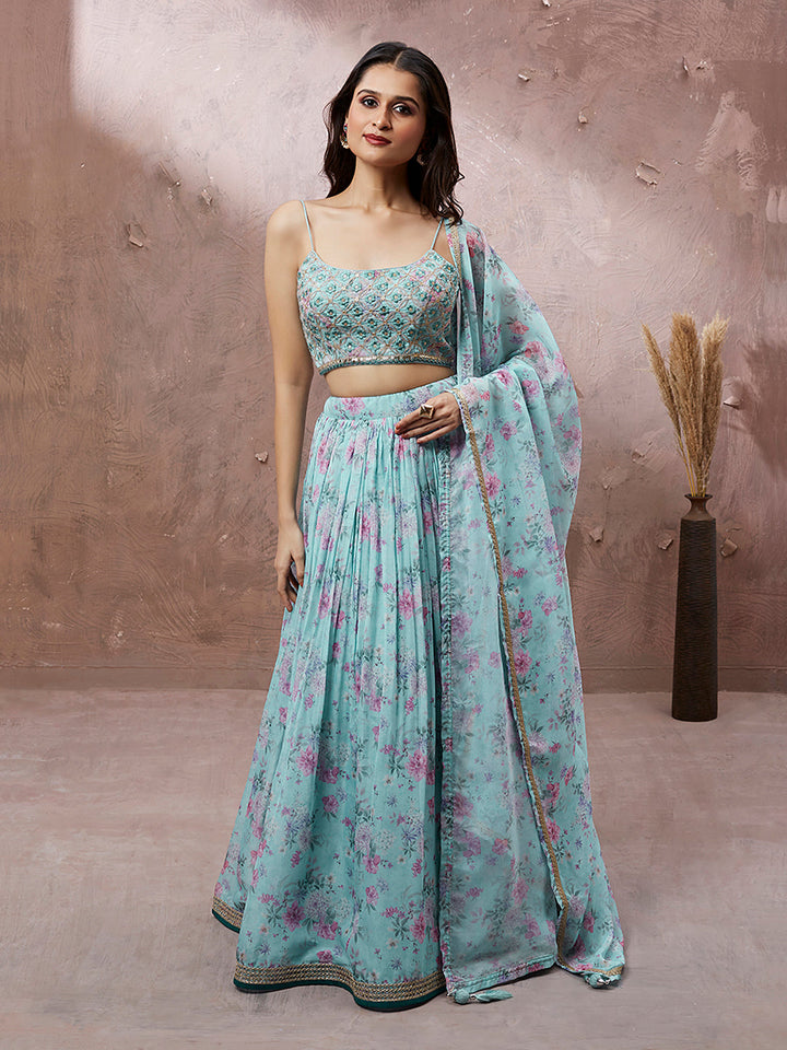 Turquoise Blue Organza Floral Printed Stitched Lehenga choli - qivii