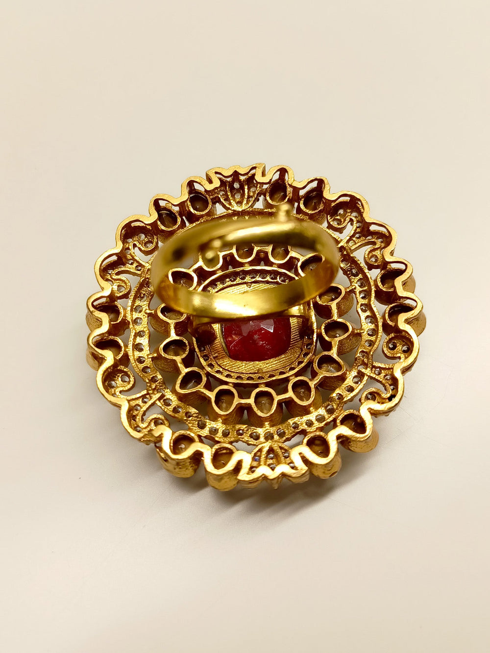 Vanshika Red Victorian Finger Ring, a stunning statement piece with intricate detailing and rich red gemstone