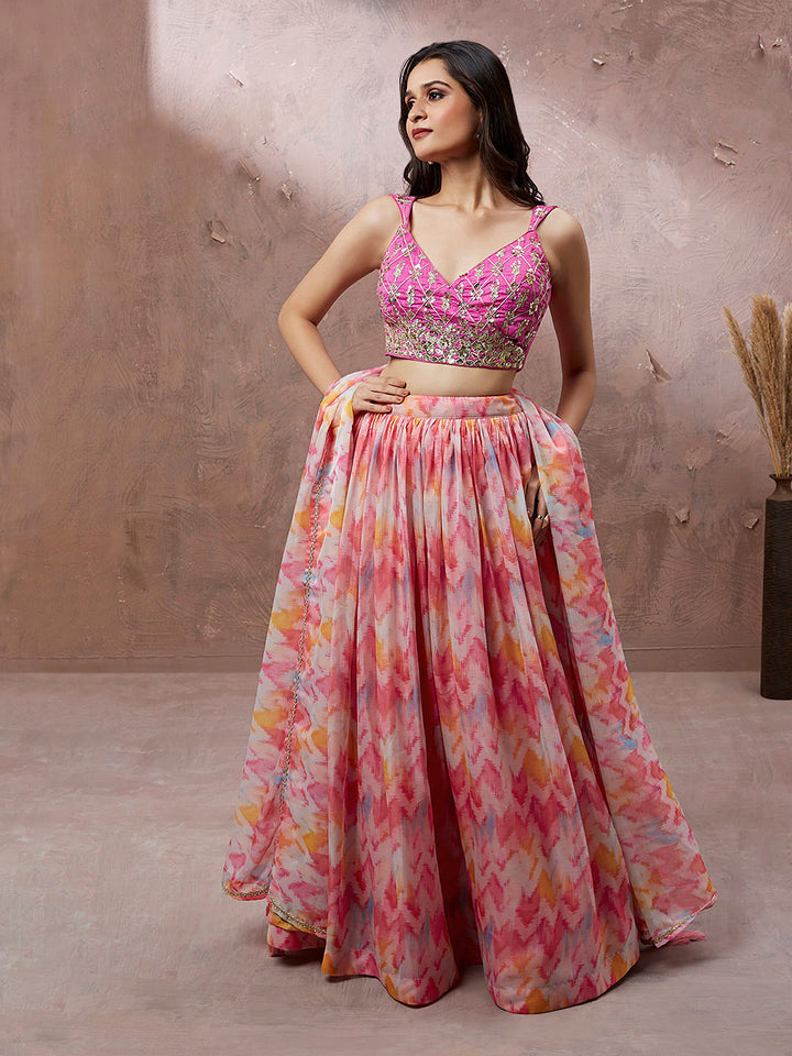 Pink Organza Floral Printed Stitched Lehenga choli & Dupatta