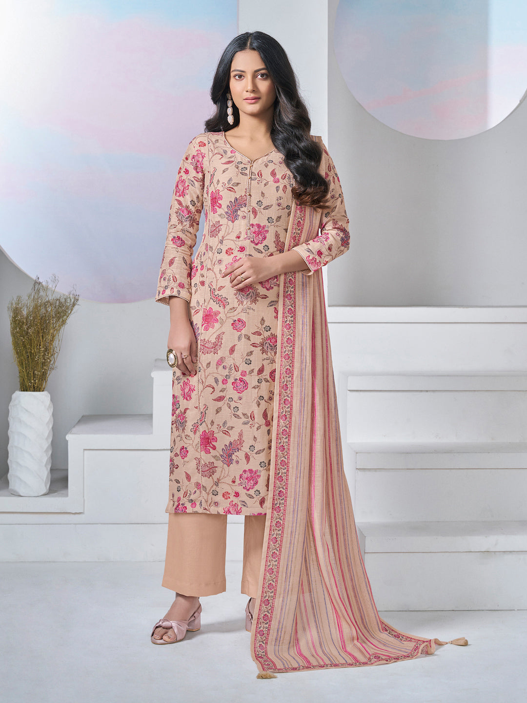 BEIGE PRINTED WITH LACE WORK STRAIGHT KURTA WITH DYED TROUSERS AND PRINTED DUPATTA