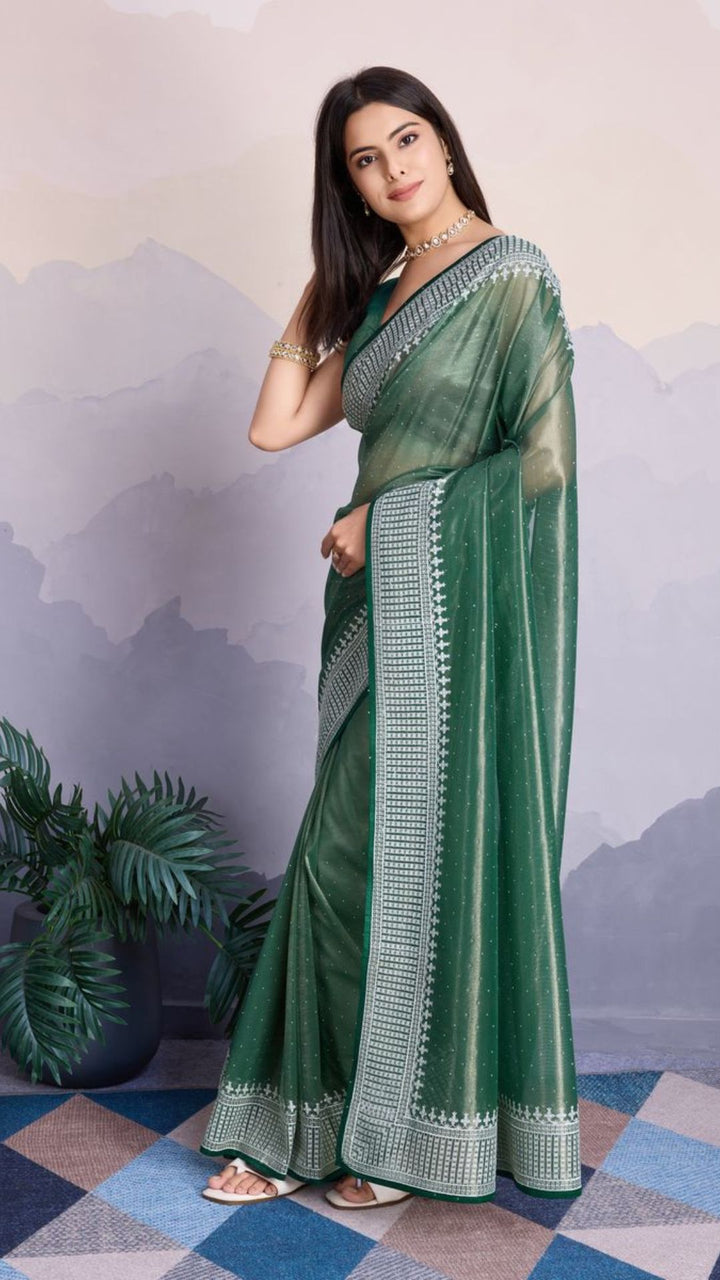 Green Color Maharani Style Broad Embroidered Saree