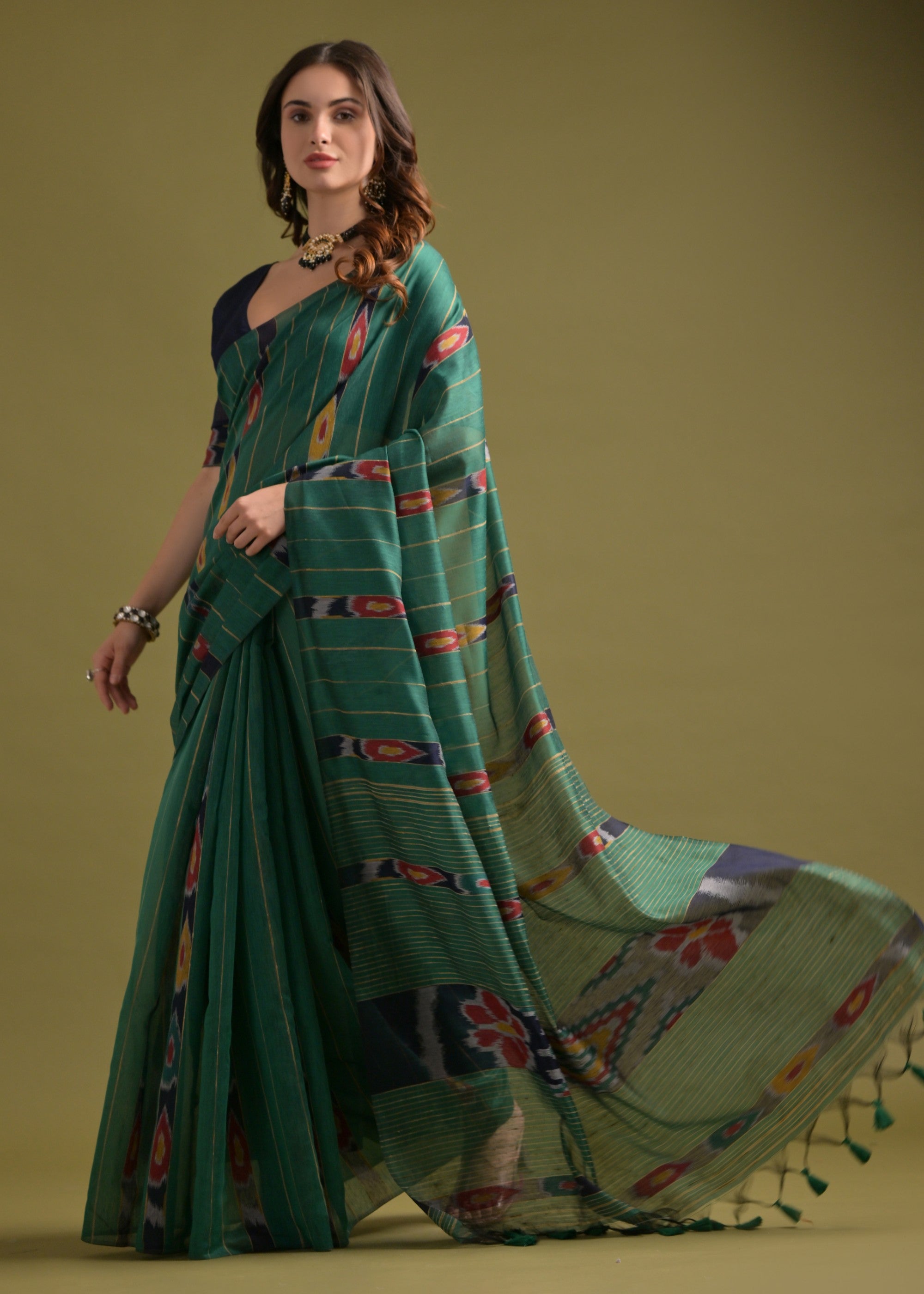 Jade Green Soft Ikkat Cotton Printed Saree - qivii