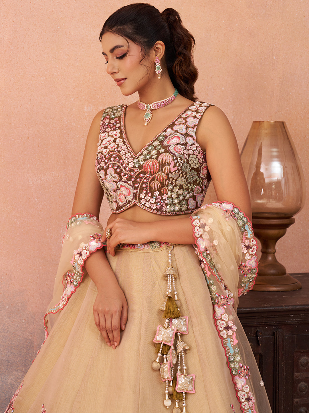 Brown Sequins Embroidered Omber Brown Lehenga Set