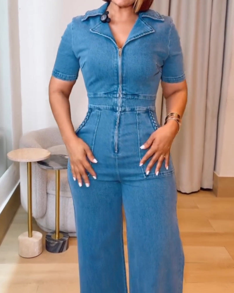 Women's Casual Short Sleeve Loose Straight Leg Denim Jumpsuits with Pockets  - By Qivii