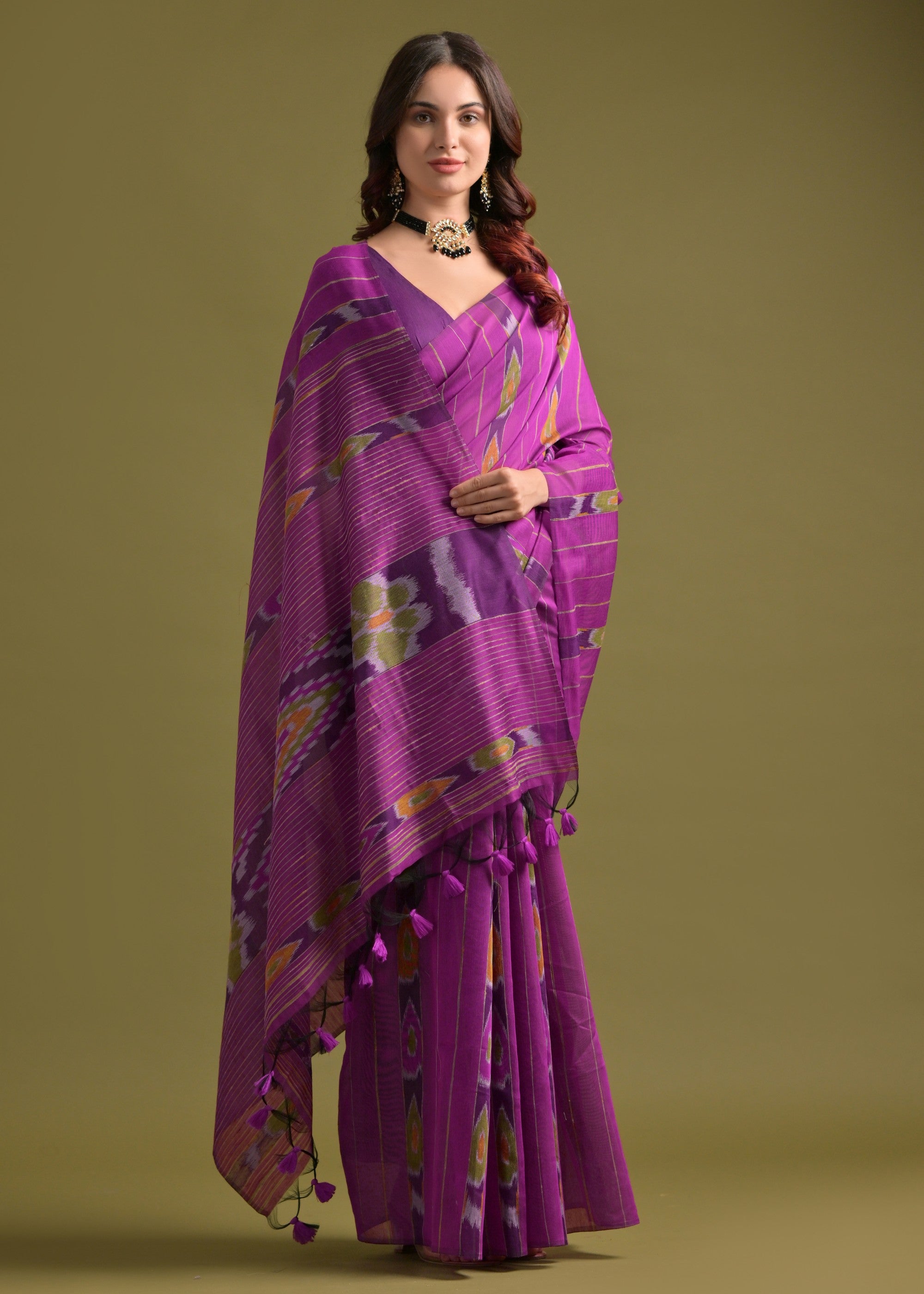 Ultra Pink Soft Ikkat Cotton Printed Saree - qivii