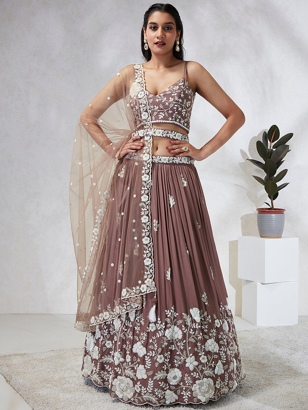 White Color Sequined Georgette Embroidered Stitched Lehenga choli