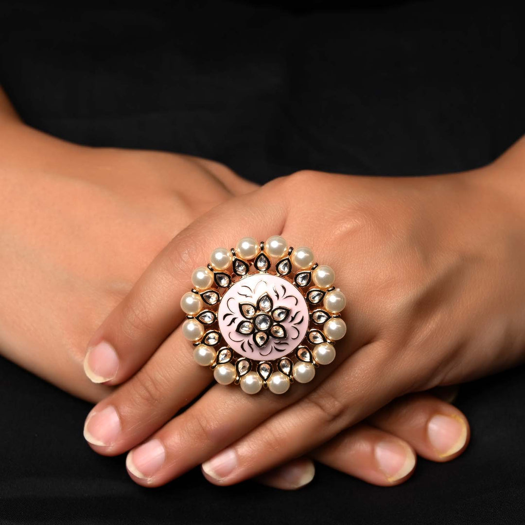 Bhaumi Meenakari Work Kundan Ring with intricate floral design and colorful enamel detailing