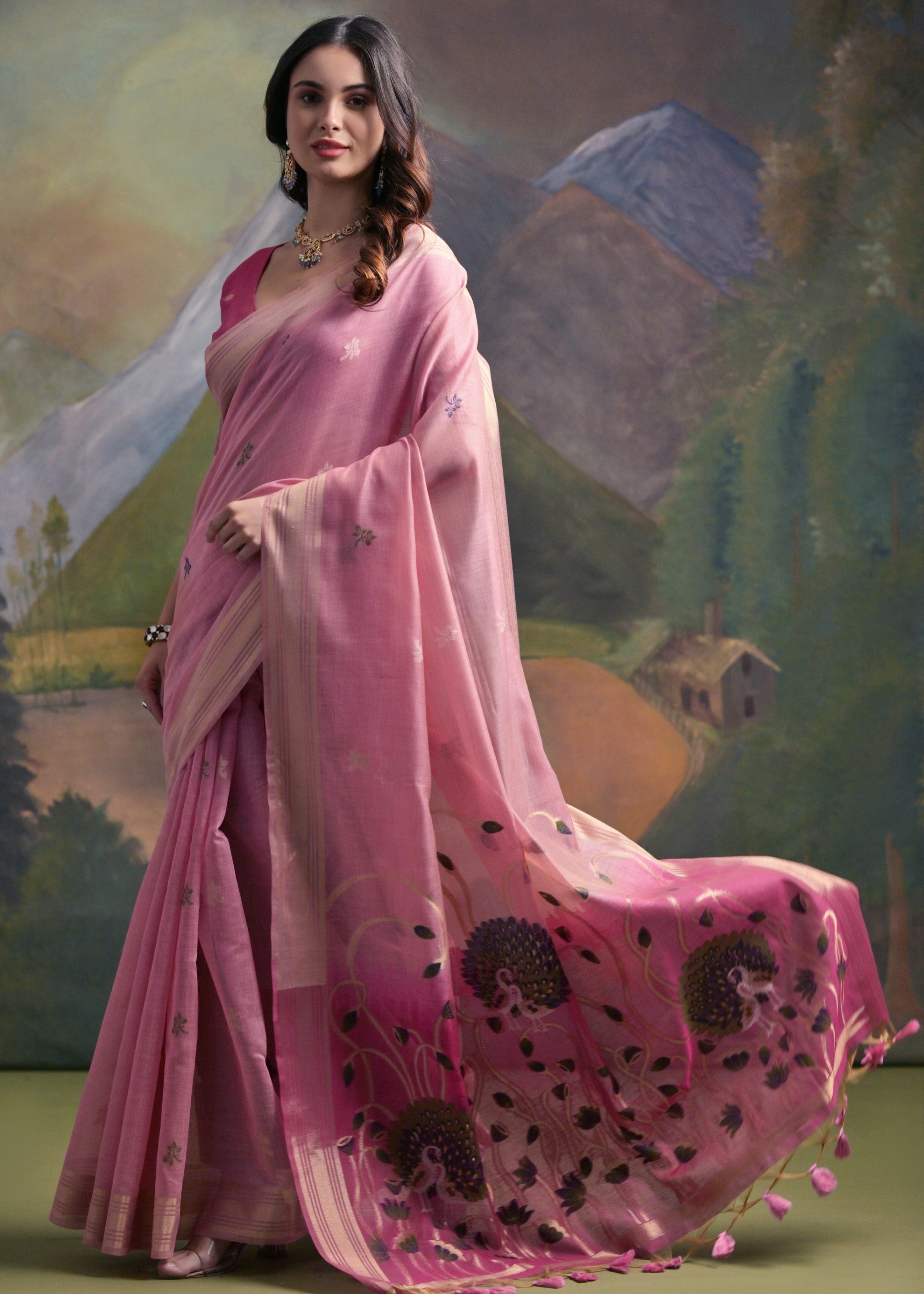 Light Pink Thread Woven Cotton Saree With Contrast Blouse And Pallu - qivii