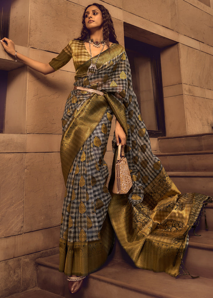 Golden Olive Woven Banarasi Organza Silk Saree