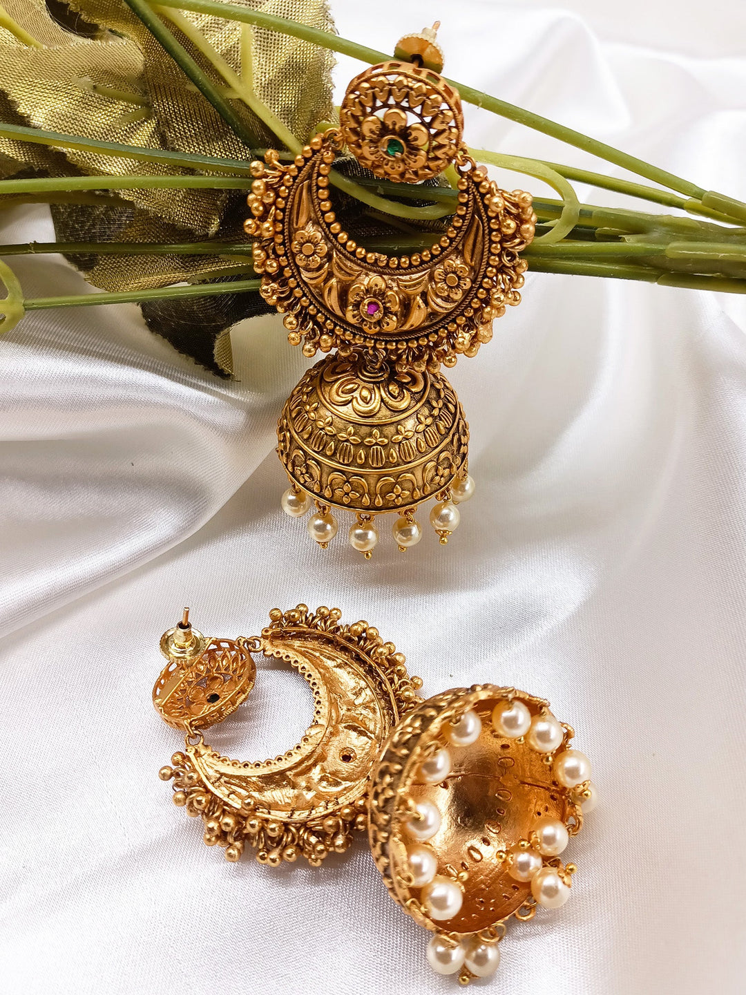 Preksha Temple Jhumka With Pearl Hangings