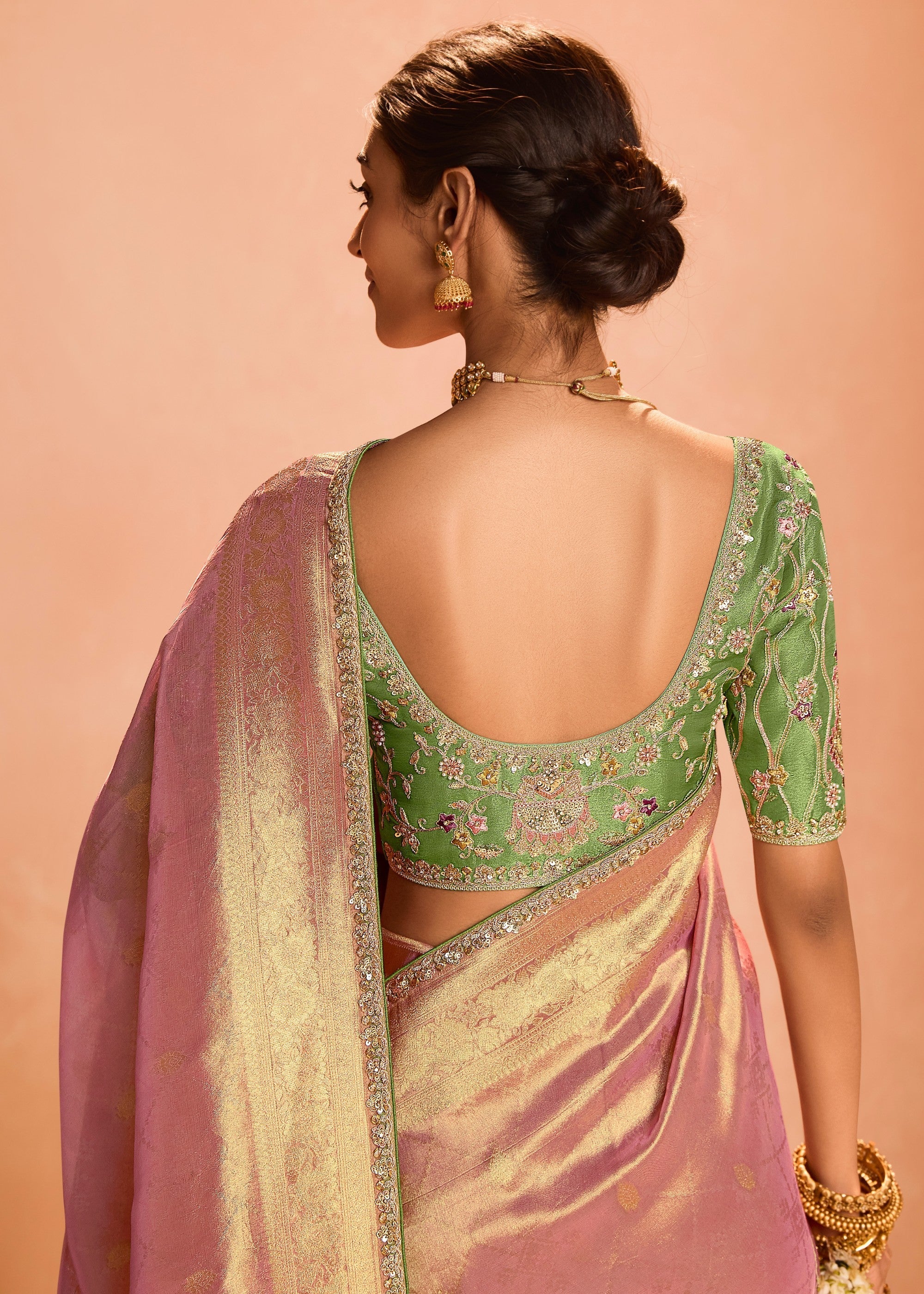 Rose Pink Zari Tissue Silk Saree With Weaving Work And Heavy Embroidery Lace : Top Pick - qivii