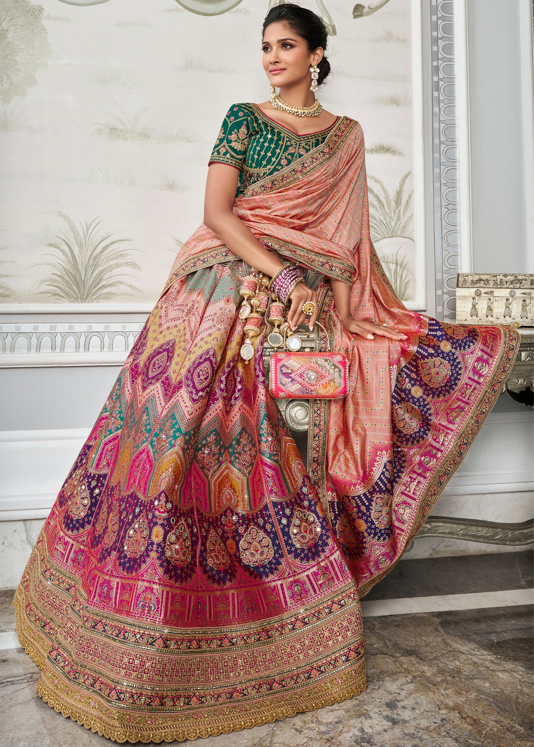 Green & Pink Banarasi Silk Lehenga with Zarkan Codding work