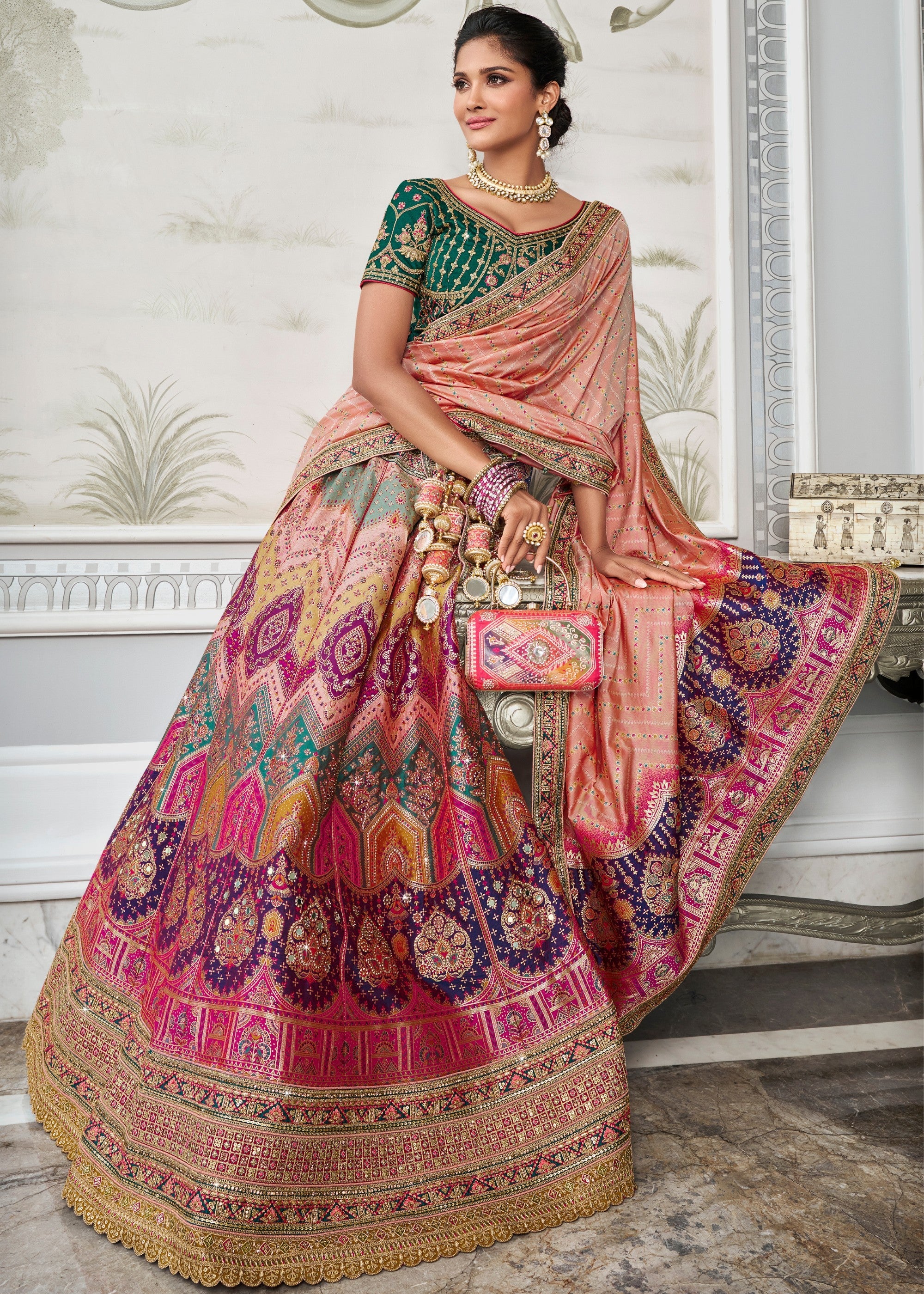 Green & Pink Banarasi Silk Lehenga with Zarkan Codding work | Ready To Wear - qivii