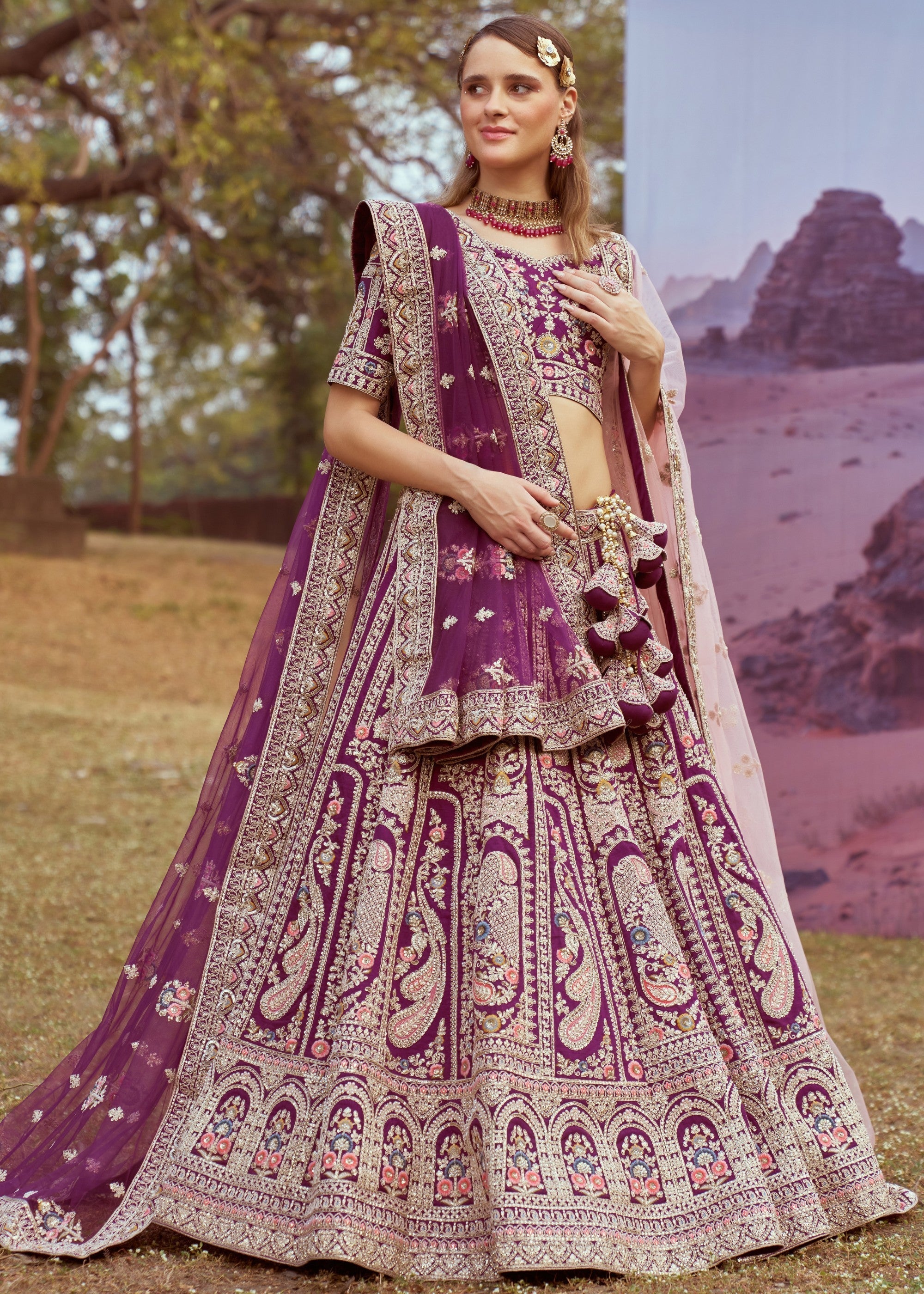 Purple Pure Silk Moti Coding Embroidery Bridal Lehenga | Ready To Wear - qivii