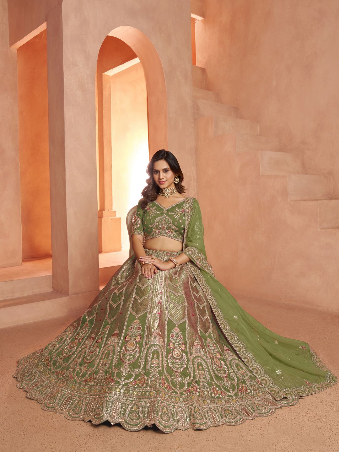 Green Banarasi Silk Festive Lehenga with Floral Pastel Shades