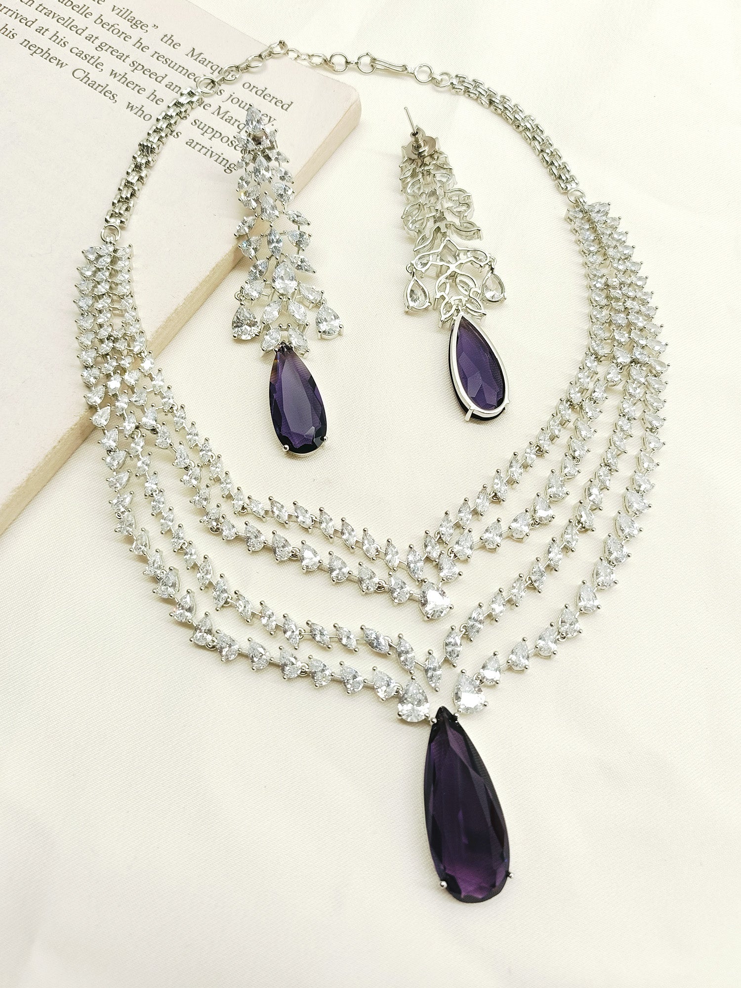 Ajweta Purple American Diamond Necklace Set - qivii