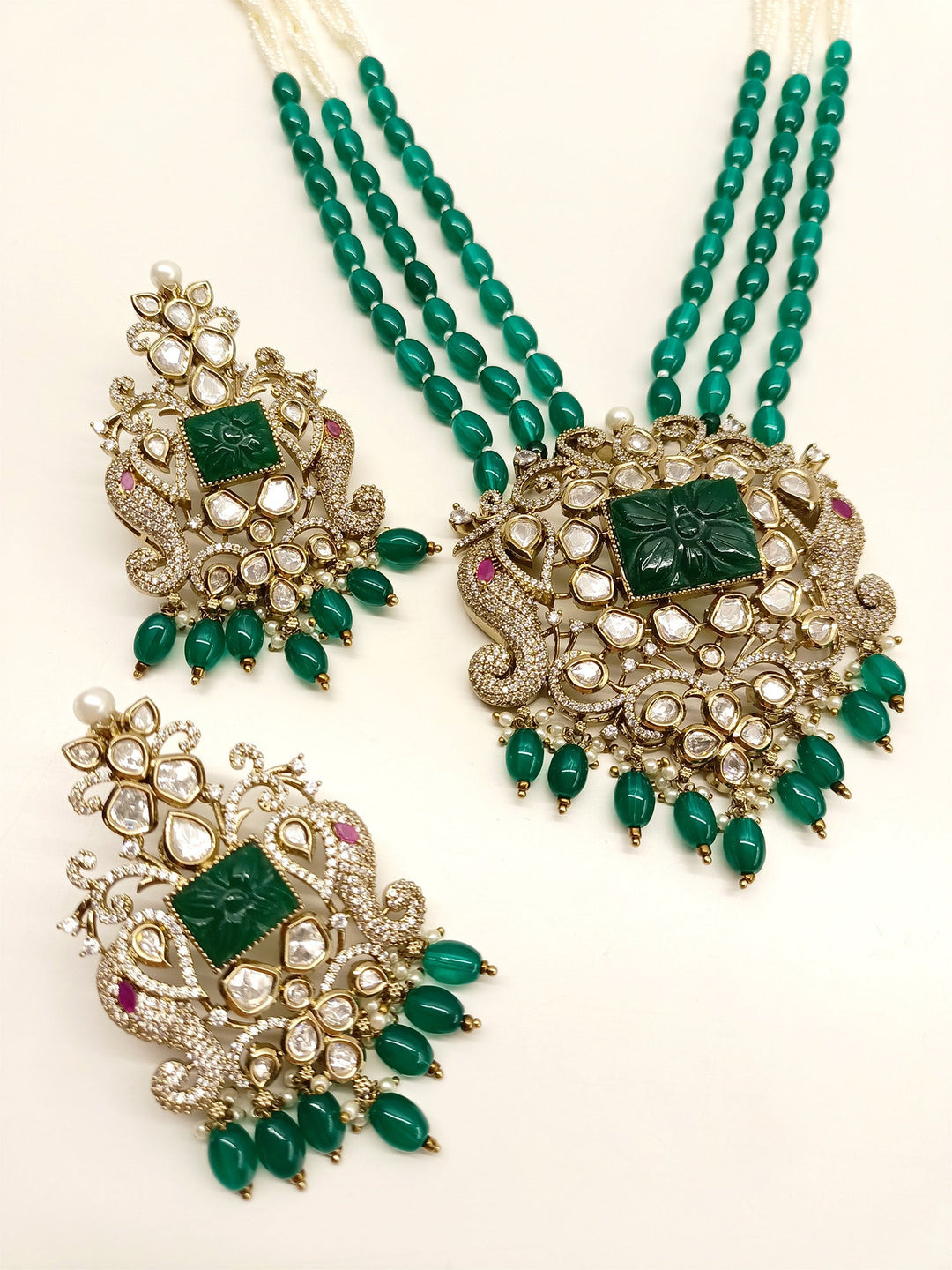 Darika Green Kundan Polki Long Necklace Set