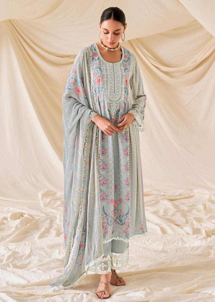 Grey Pure Muslin Salwar Suit with Dori Embroidery