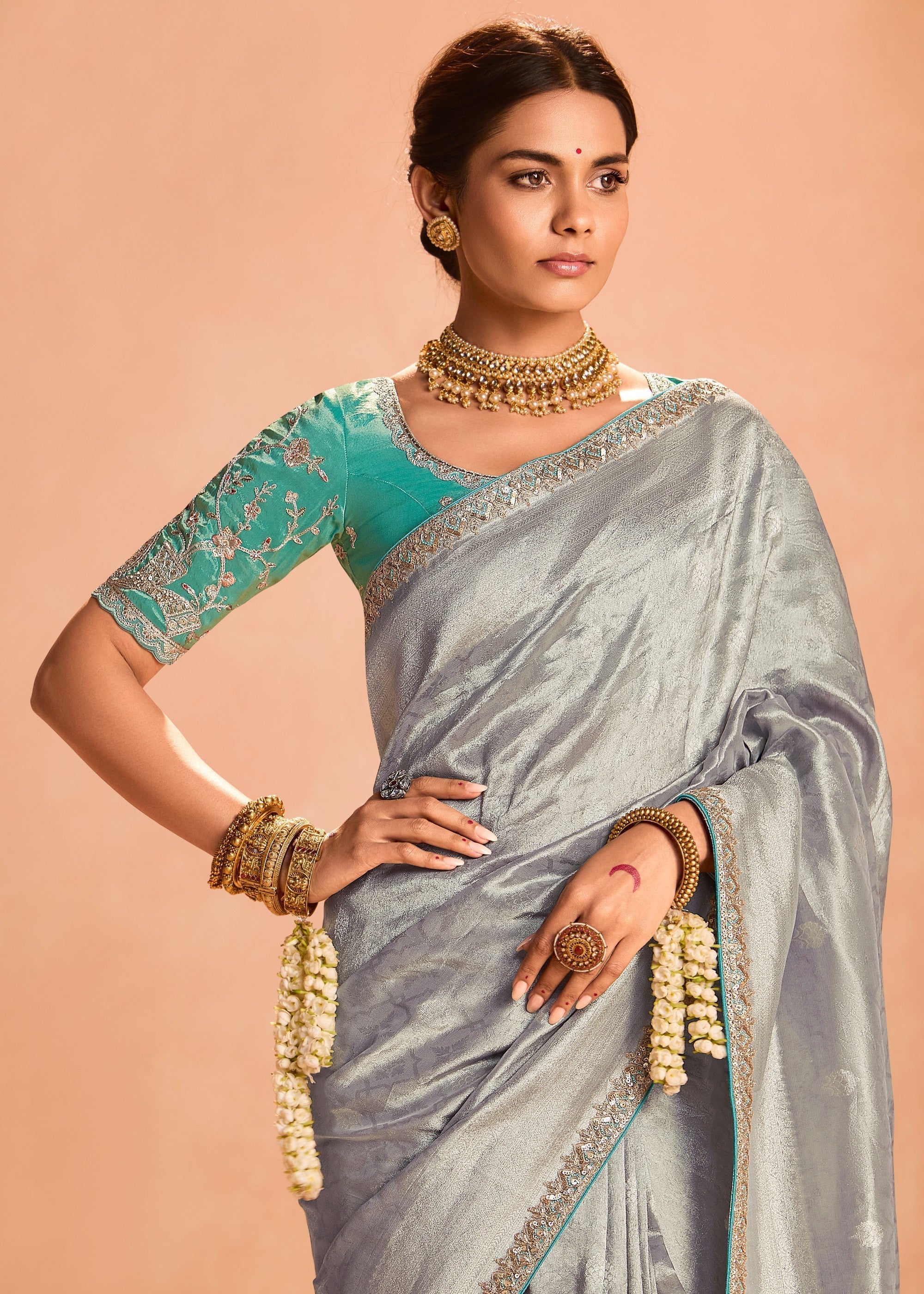 Silver Zari Tissue Silk Saree With Weaving Work And Heavy Embroidery Lace - qivii