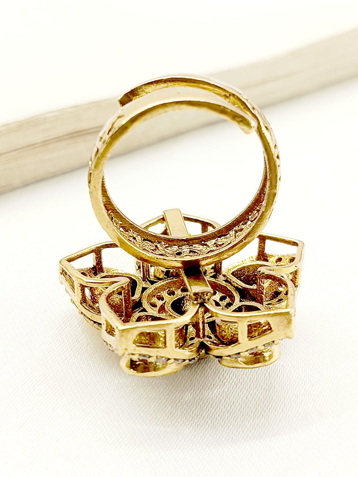 Beautiful Nadiya White Kundan Finger Ring featuring delicate gold filigree and shimmering white Kundan stones