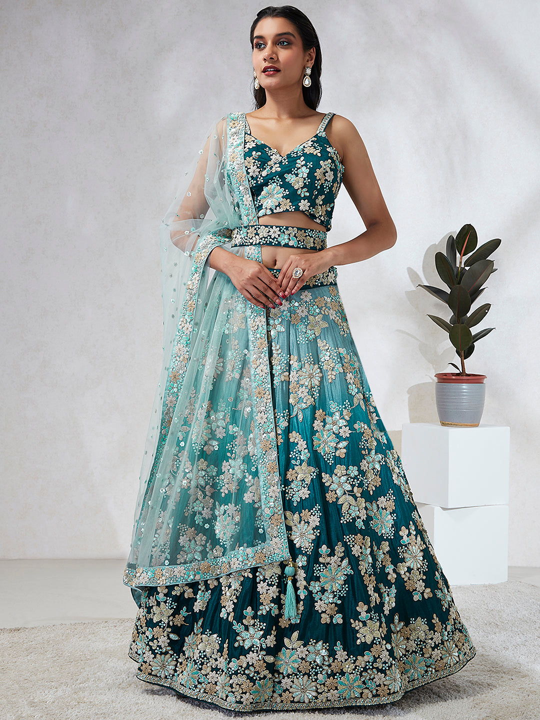 Shaded Teal Color Chiffon Double Color Sequin Embroidered Stitched Lehenga