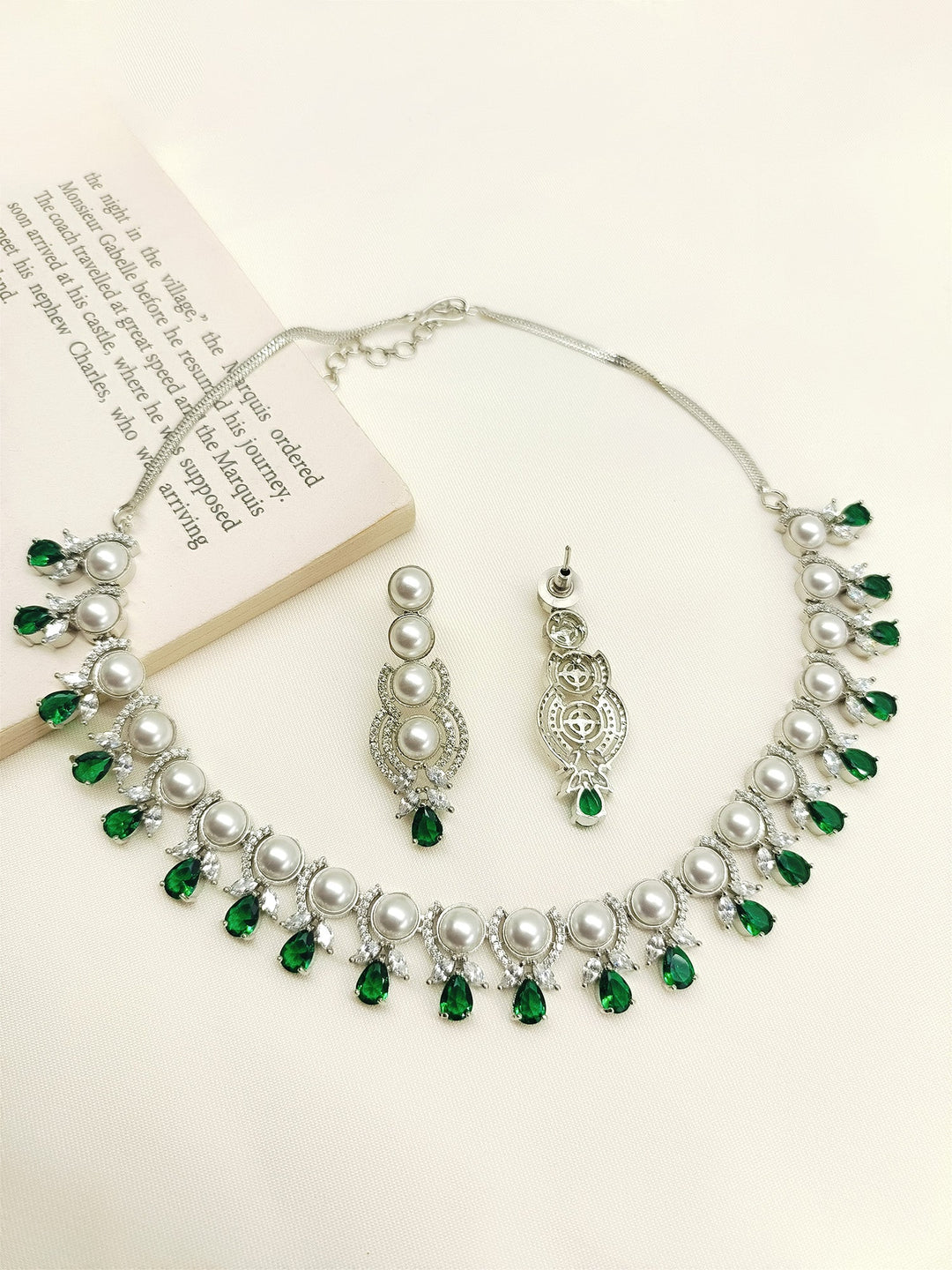 Inakshi Green American Diamond Necklace Set